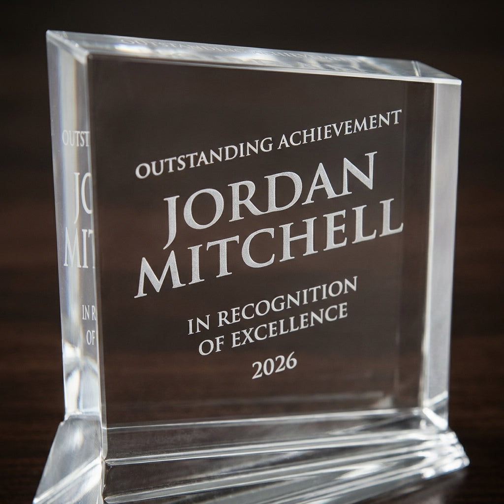 Close-up of the custom laser engraving on a personalized Nouveau acrylic award, showing crisp permanent personalization