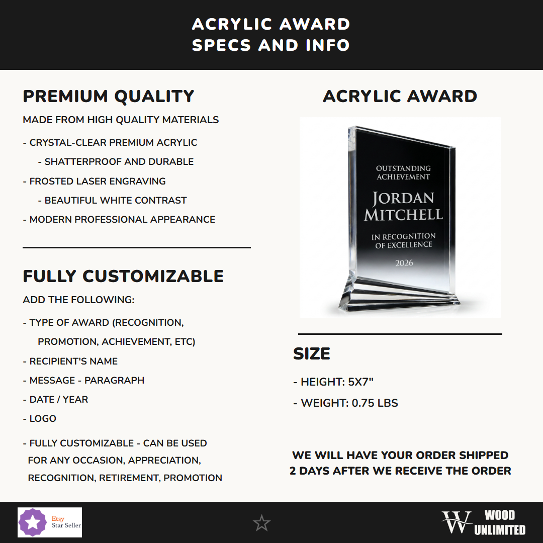 Specifications for the personalized Nouveau acrylic award — materials, engraving, and features