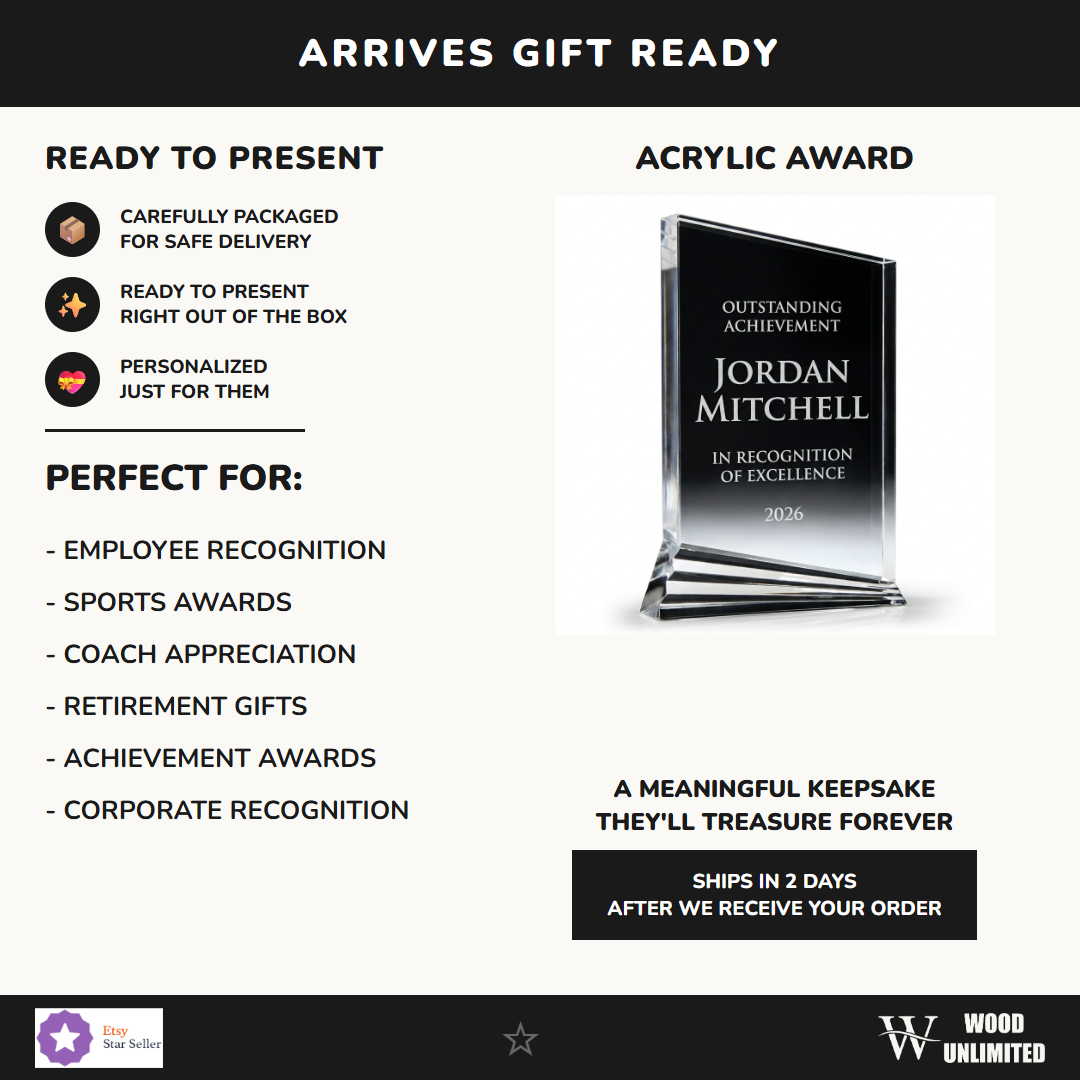 Gift-ready personalized Nouveau acrylic award, perfect for ceremonies, retirements, and corporate recognition