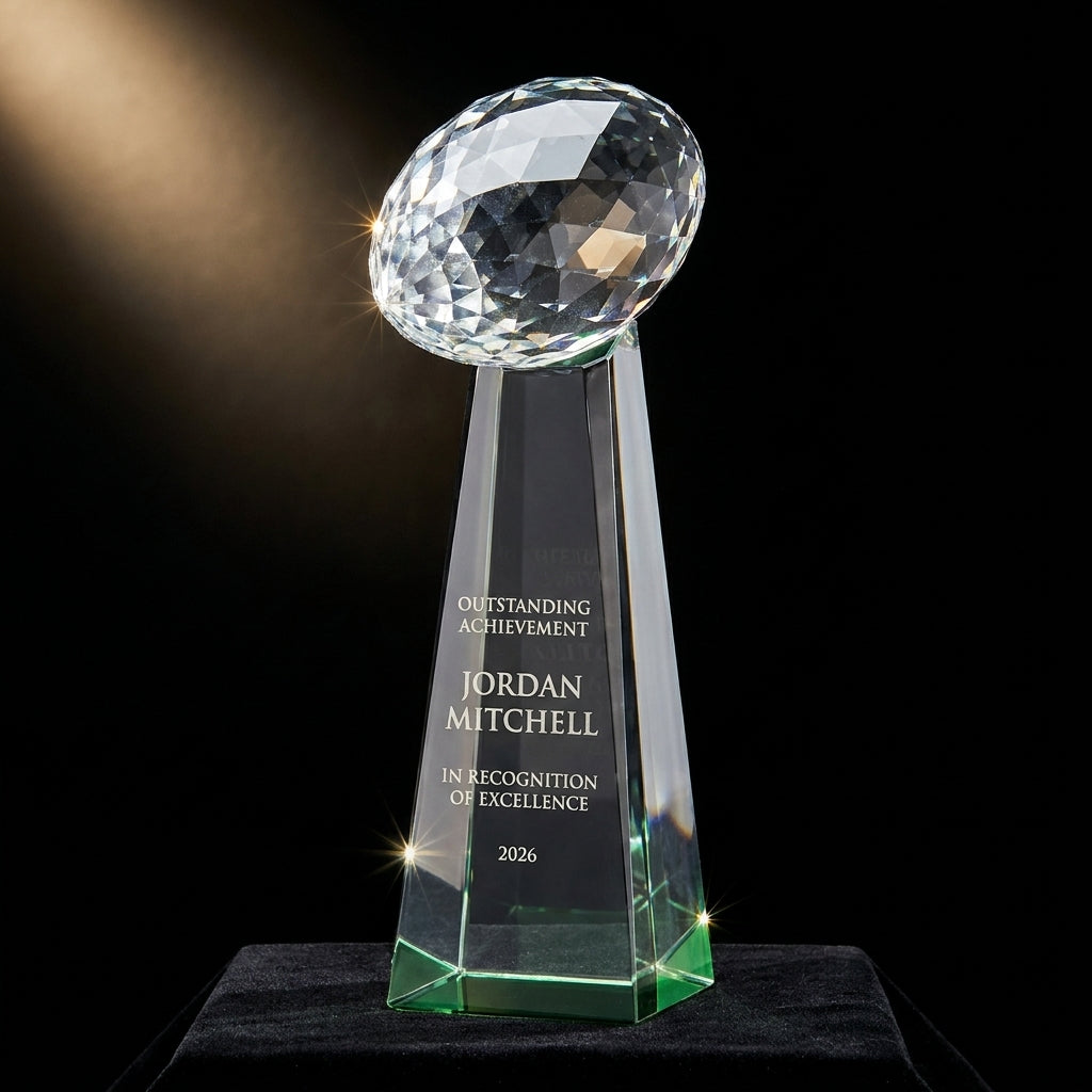 Personalized Optical Crystal Football Tower Award crystal award on black velvet under awards-ceremony spotlight, engraved champion and lifetime achievement award