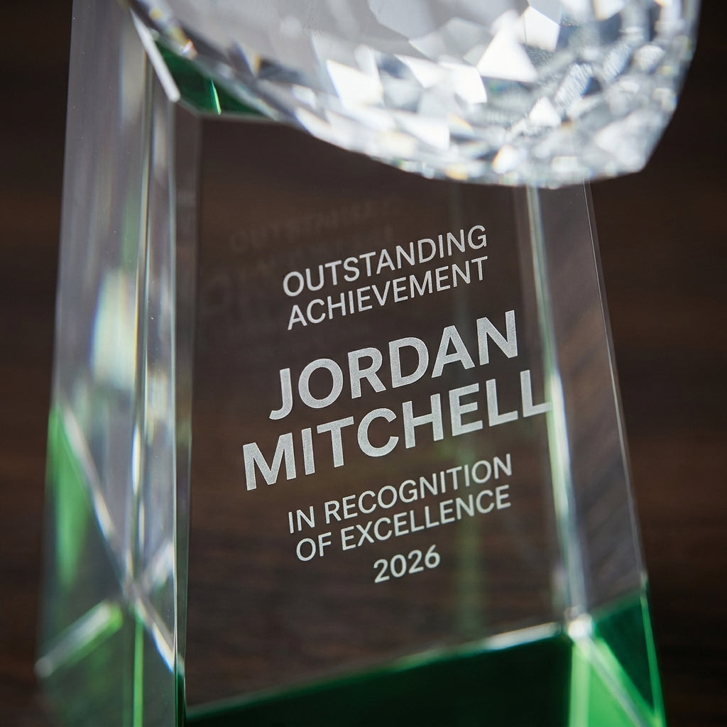 Close-up of the custom laser engraving on a personalized Optical Crystal Football Tower Award crystal award, showing crisp permanent personalization