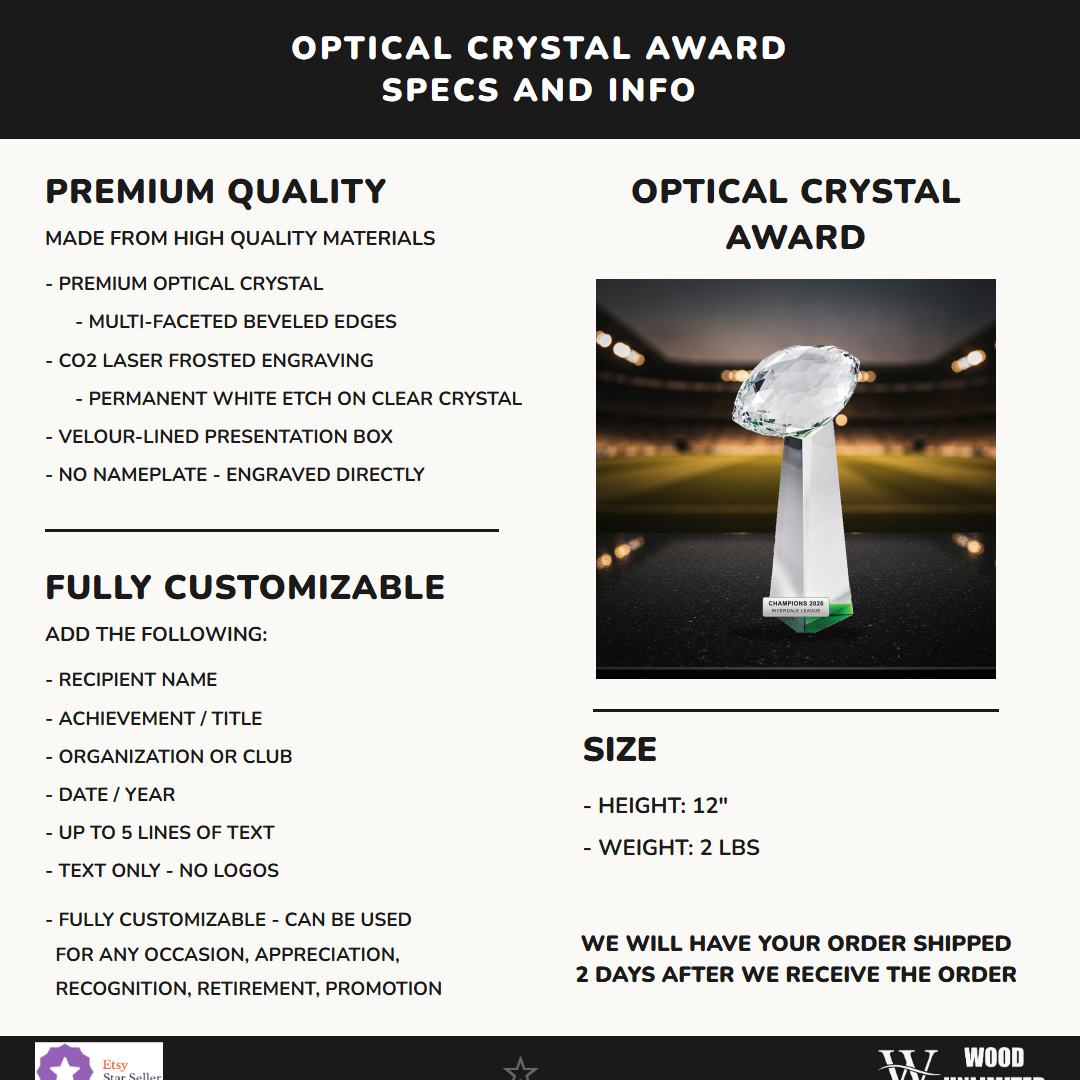 Specifications for the personalized Optical Crystal Football Tower Award crystal award — materials, engraving, and features