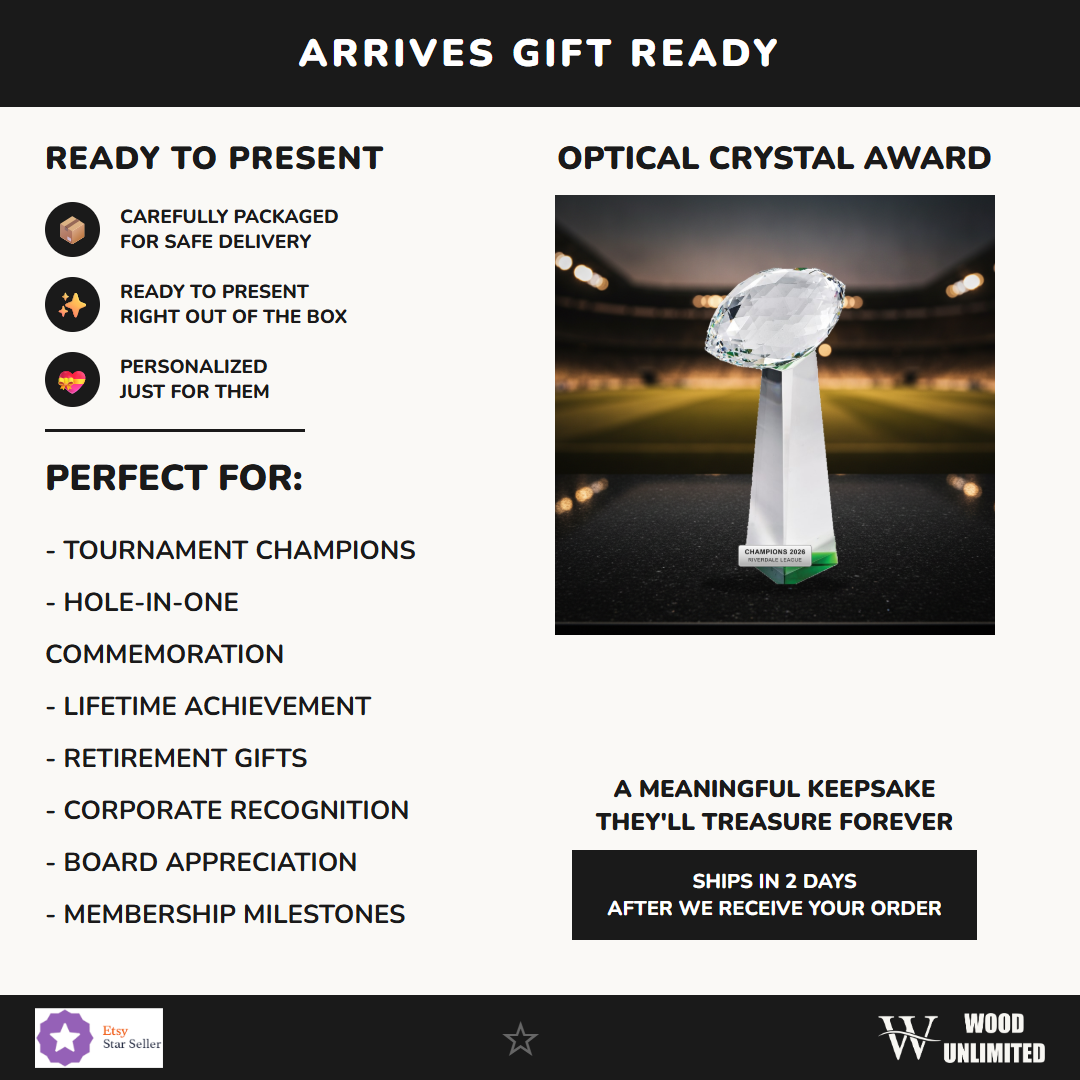 Gift-ready personalized Optical Crystal Football Tower Award crystal award, perfect for ceremonies, retirements, and corporate recognition
