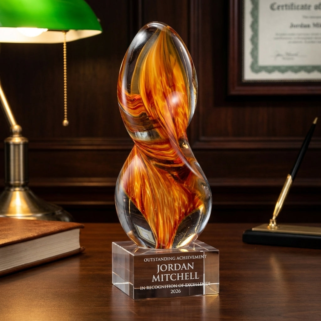 Personalized Orange Flame Clear Base art glass award on a warm executive desk with a green banker's lamp, engraved corporate recognition and retirement gift