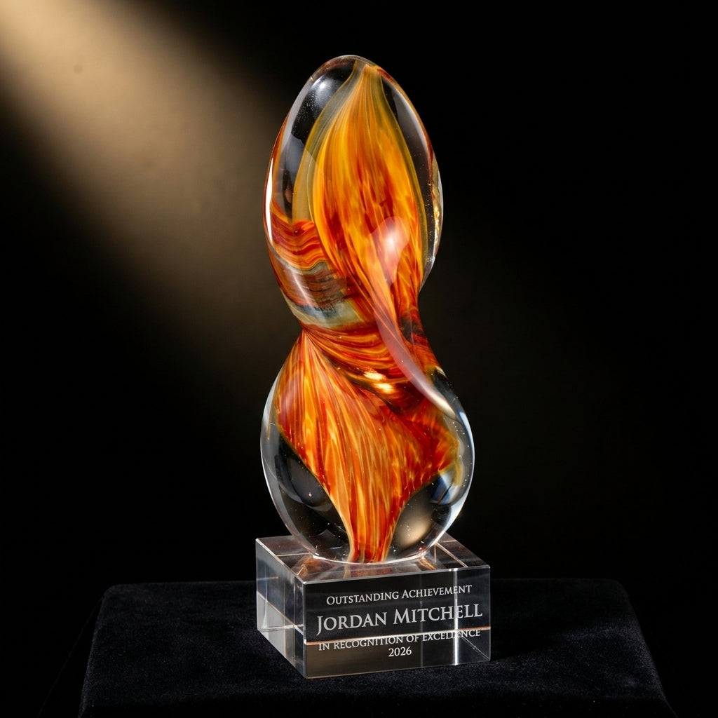 Personalized Orange Flame Clear Base art glass award on black velvet under awards-ceremony spotlight, engraved champion and lifetime achievement award
