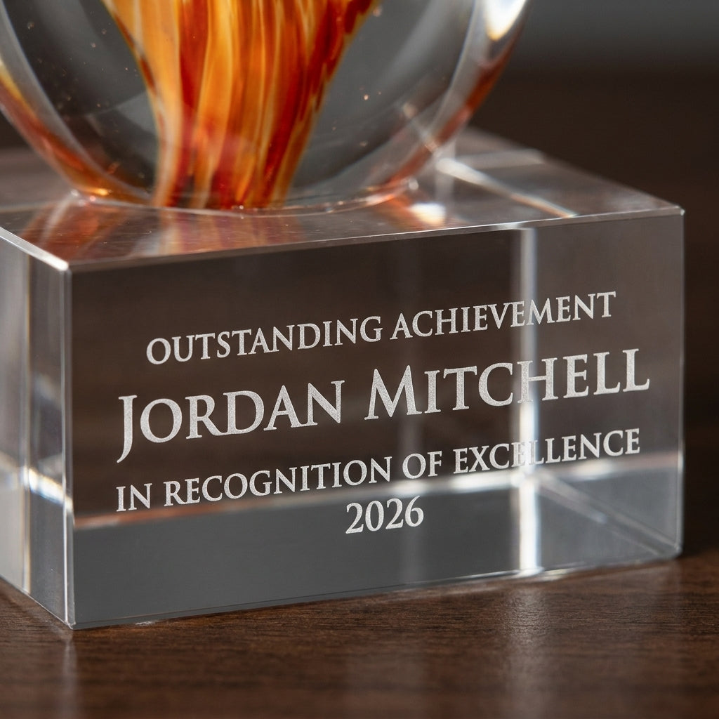 Close-up of the custom laser engraving on a personalized Orange Flame Clear Base art glass award, showing crisp permanent personalization