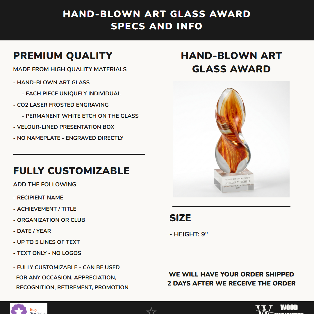 Specifications for the personalized Orange Flame Clear Base art glass award — materials, engraving, and features