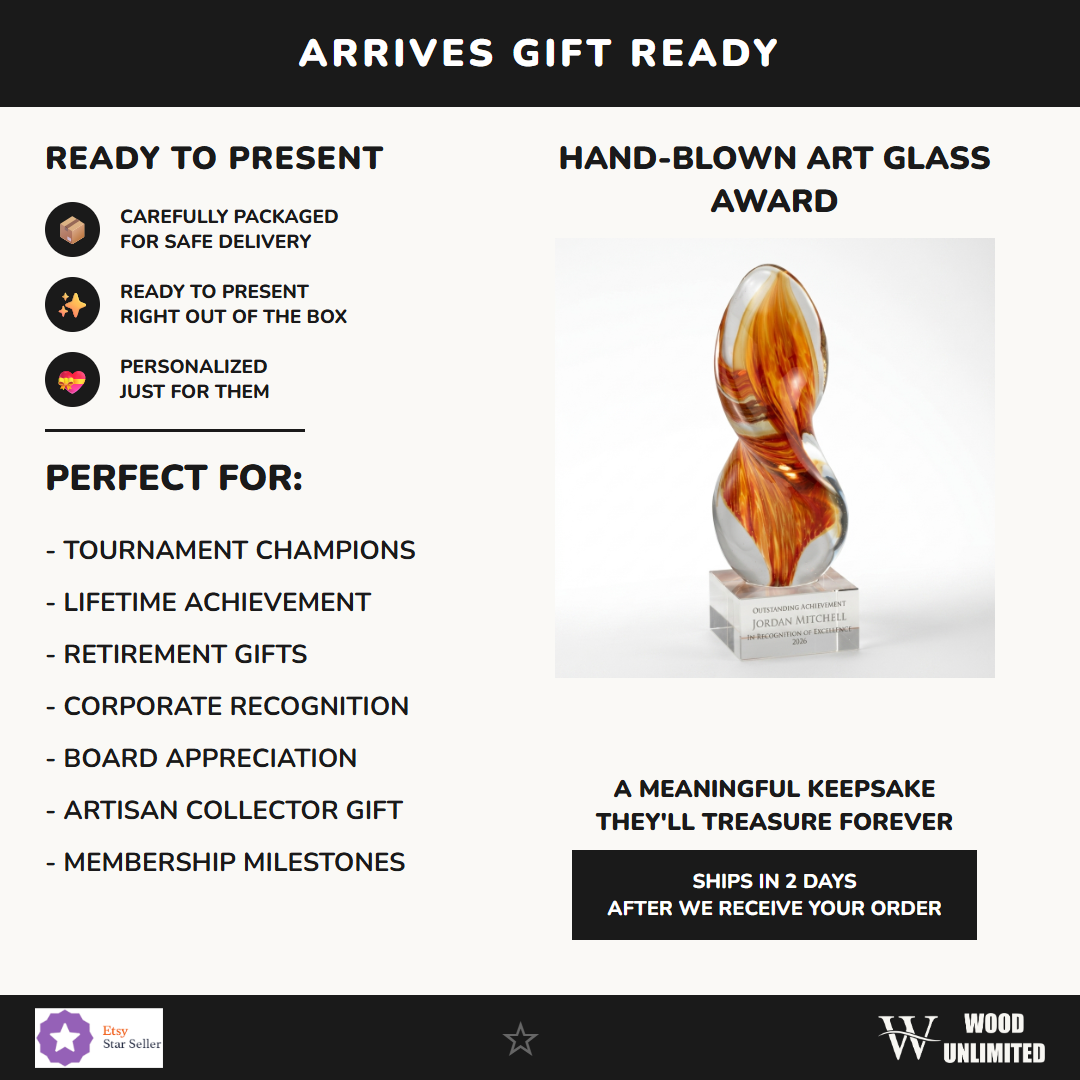 Gift-ready personalized Orange Flame Clear Base art glass award, perfect for ceremonies, retirements, and corporate recognition