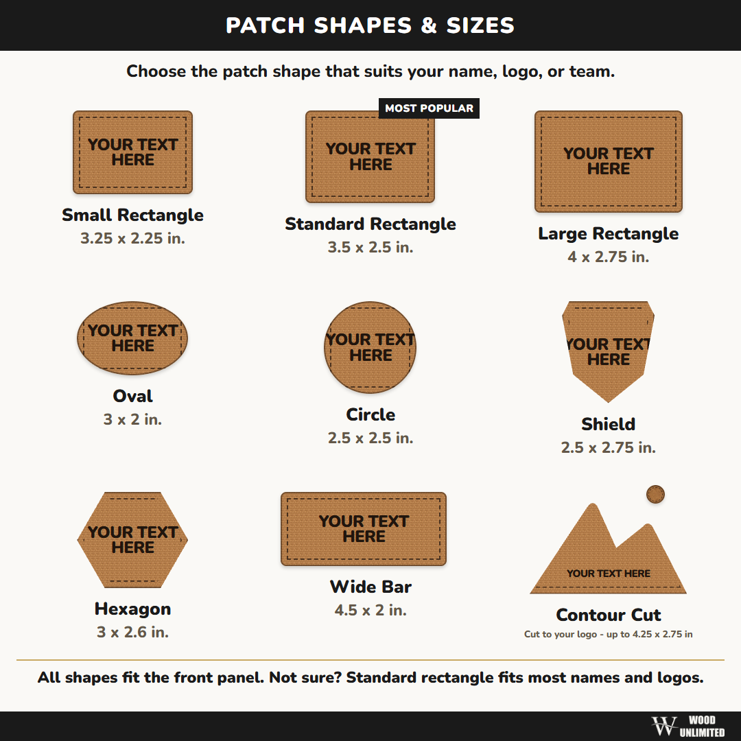 patch shapes and sizes for a team hat including contour cut to your logo