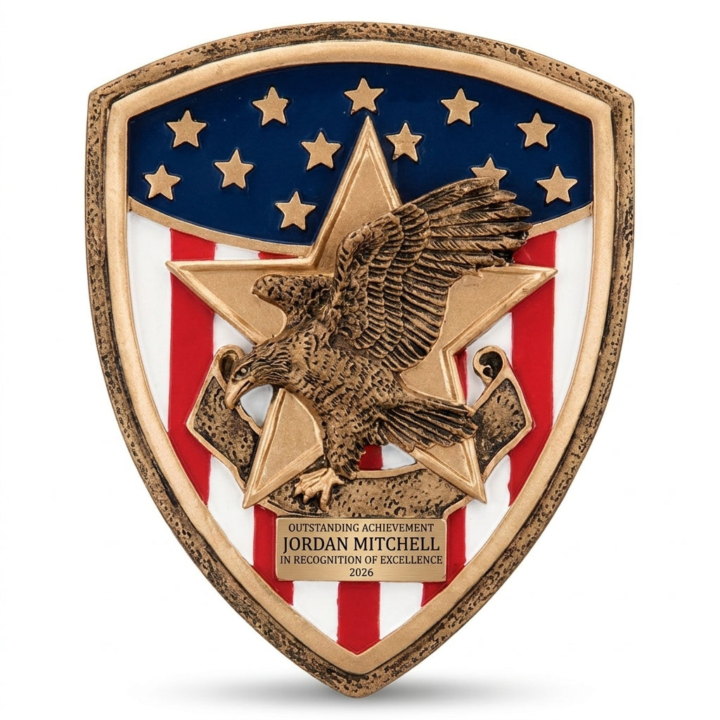 Personalized Patriot Plaque Mount resin award, custom laser engraved recognition award on a clean white studio background