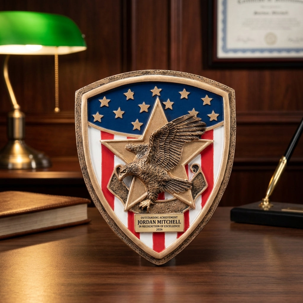 Personalized Patriot Plaque Mount resin award on a warm executive desk with a green banker's lamp, engraved corporate recognition and retirement gift
