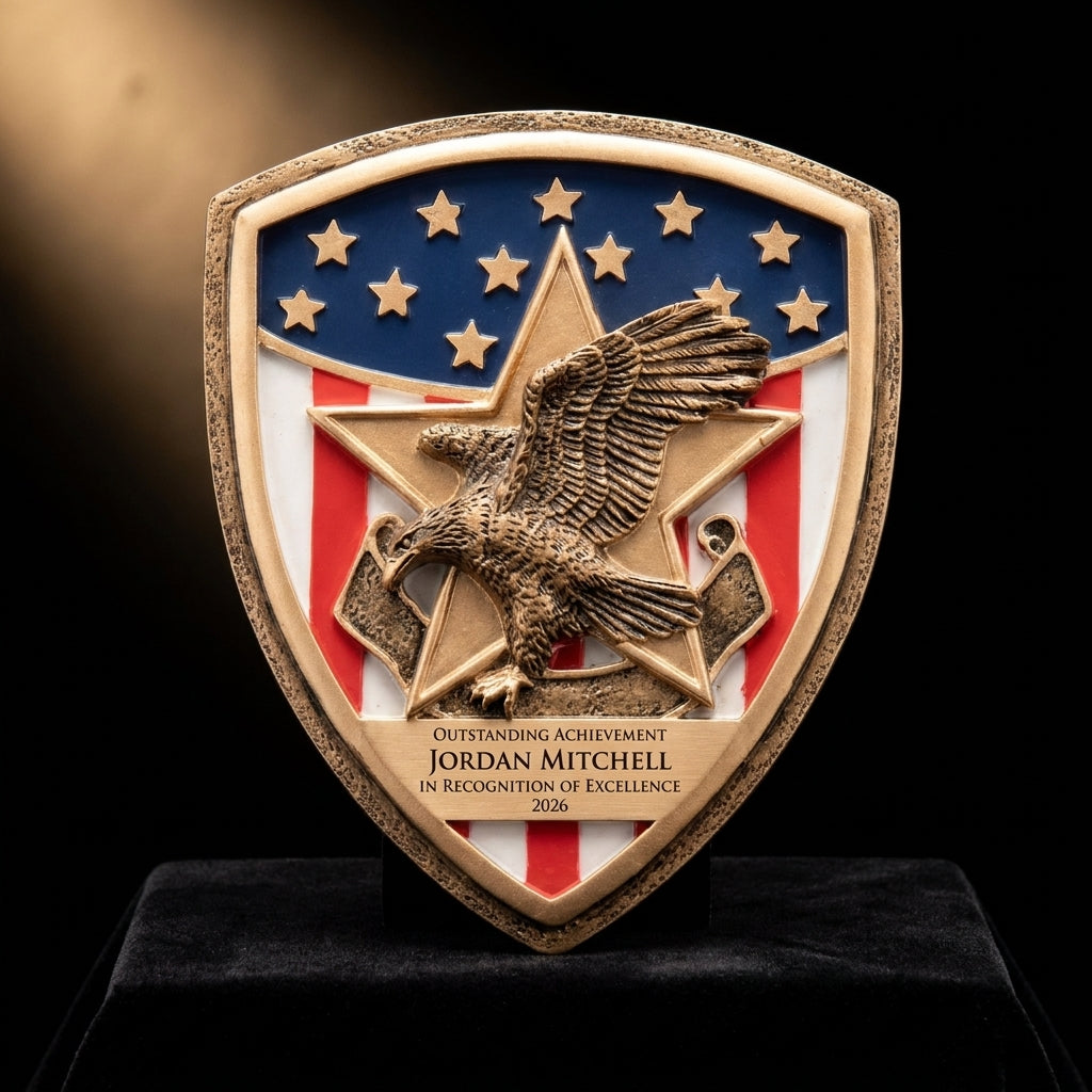 Personalized Patriot Plaque Mount resin award on black velvet under awards-ceremony spotlight, engraved champion and lifetime achievement award