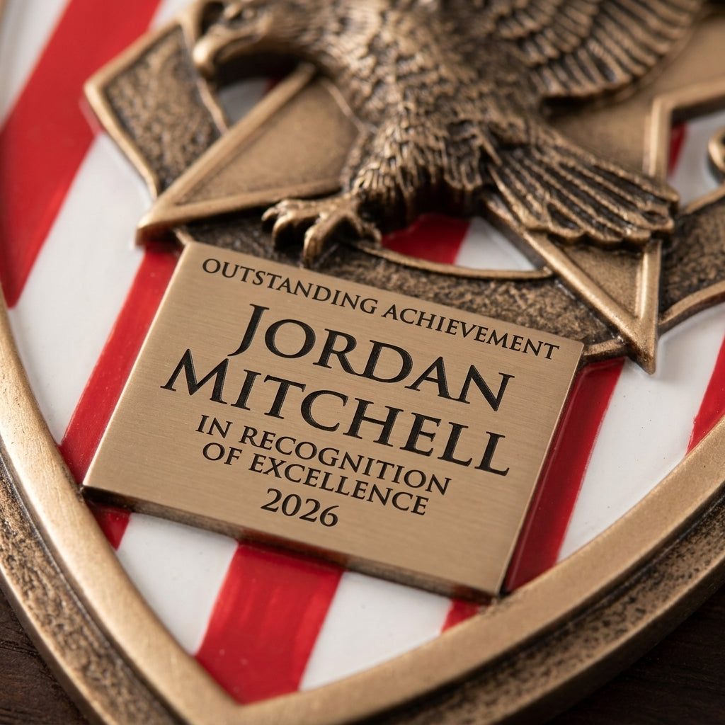 Close-up of the custom laser engraving on a personalized Patriot Plaque Mount resin award, showing crisp permanent personalization