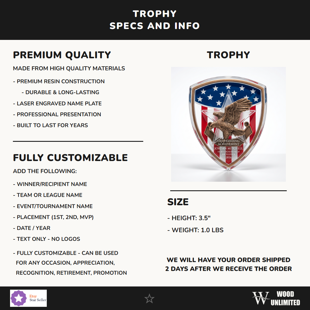 Specifications for the personalized Patriot Plaque Mount resin award — materials, engraving, and features