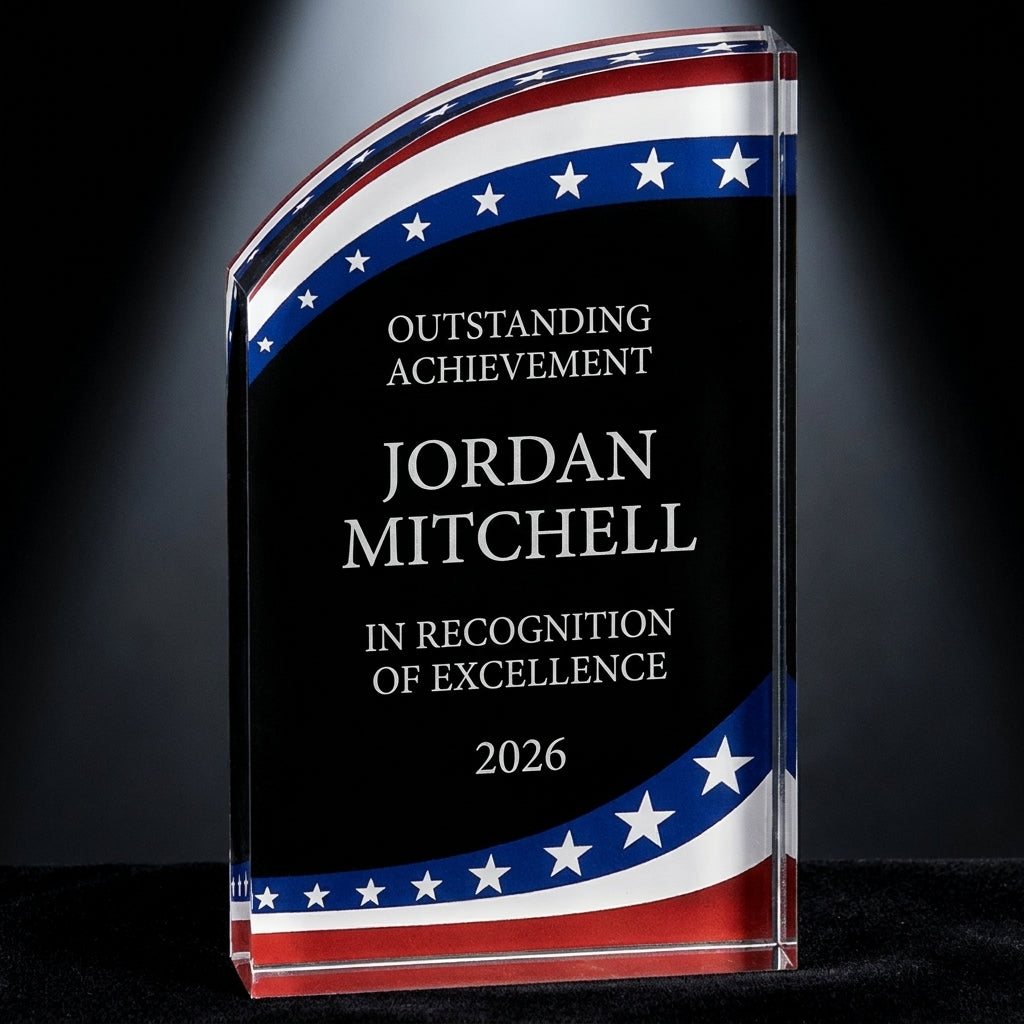 Patriotic award close-up - laser engraved American flag acrylic