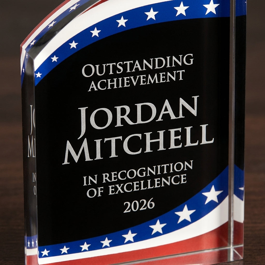 Stars & Stripes award side view - clear acrylic American flag award