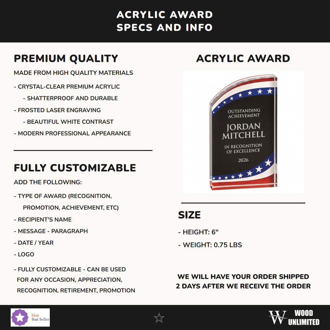 Patriotic acrylic award size chart - 6 7 8 inch Stars & Stripes award
