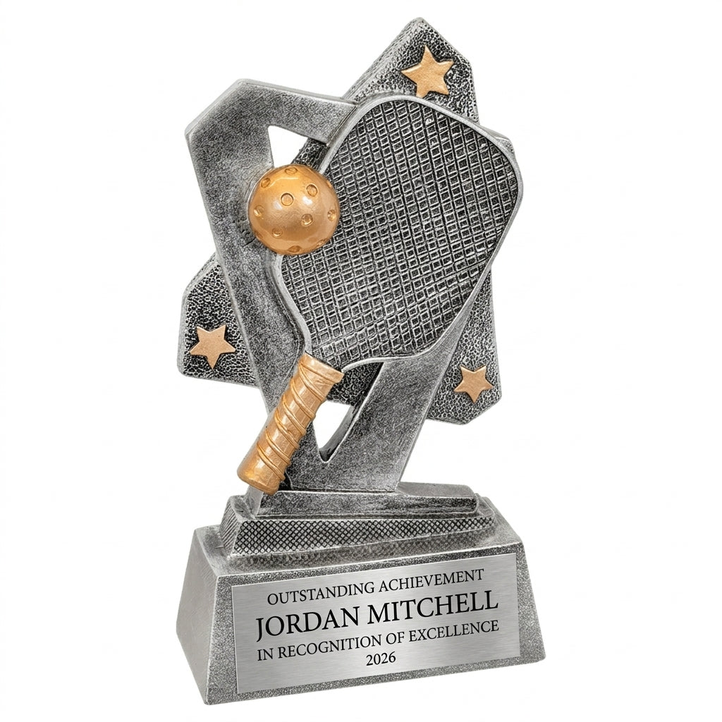 Personalized Pickleball Triumph Resin Award resin award, custom laser engraved recognition award on a clean white studio background
