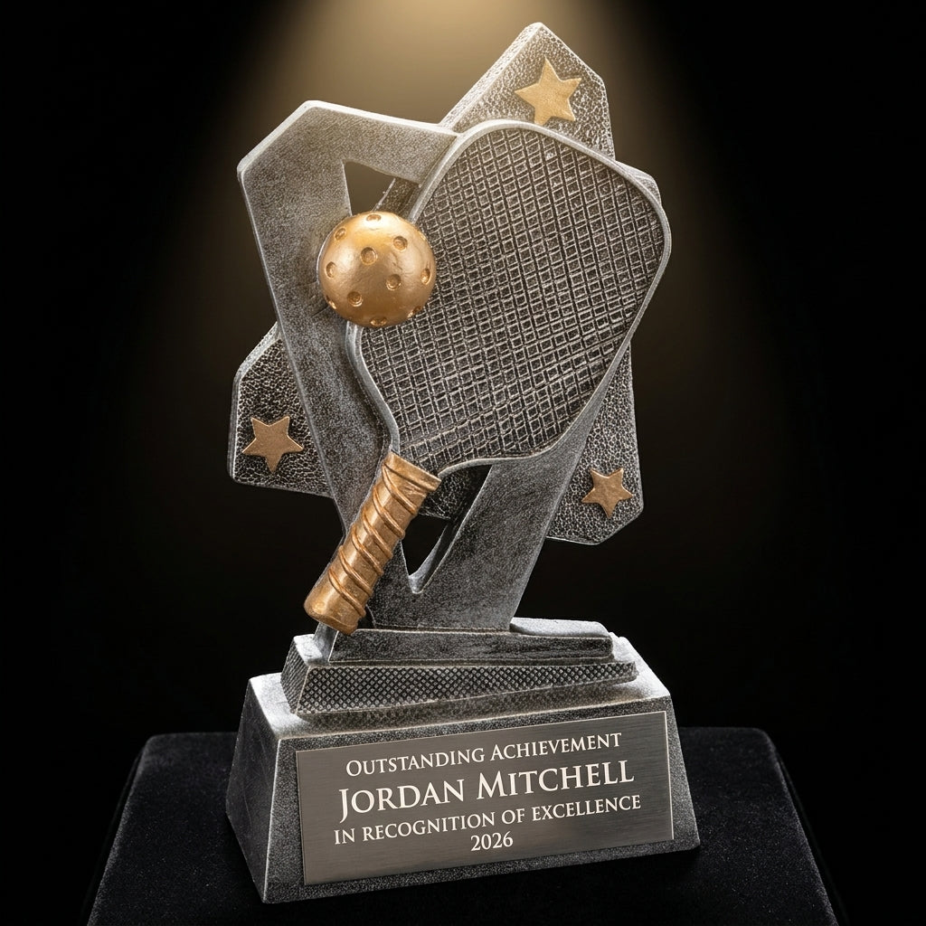 Personalized Pickleball Triumph Resin Award resin award on black velvet under awards-ceremony spotlight, engraved champion and lifetime achievement award