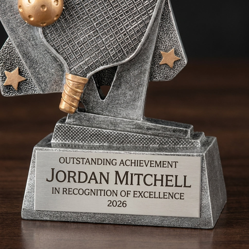 Close-up of the custom laser engraving on a personalized Pickleball Triumph Resin Award resin award, showing crisp permanent personalization