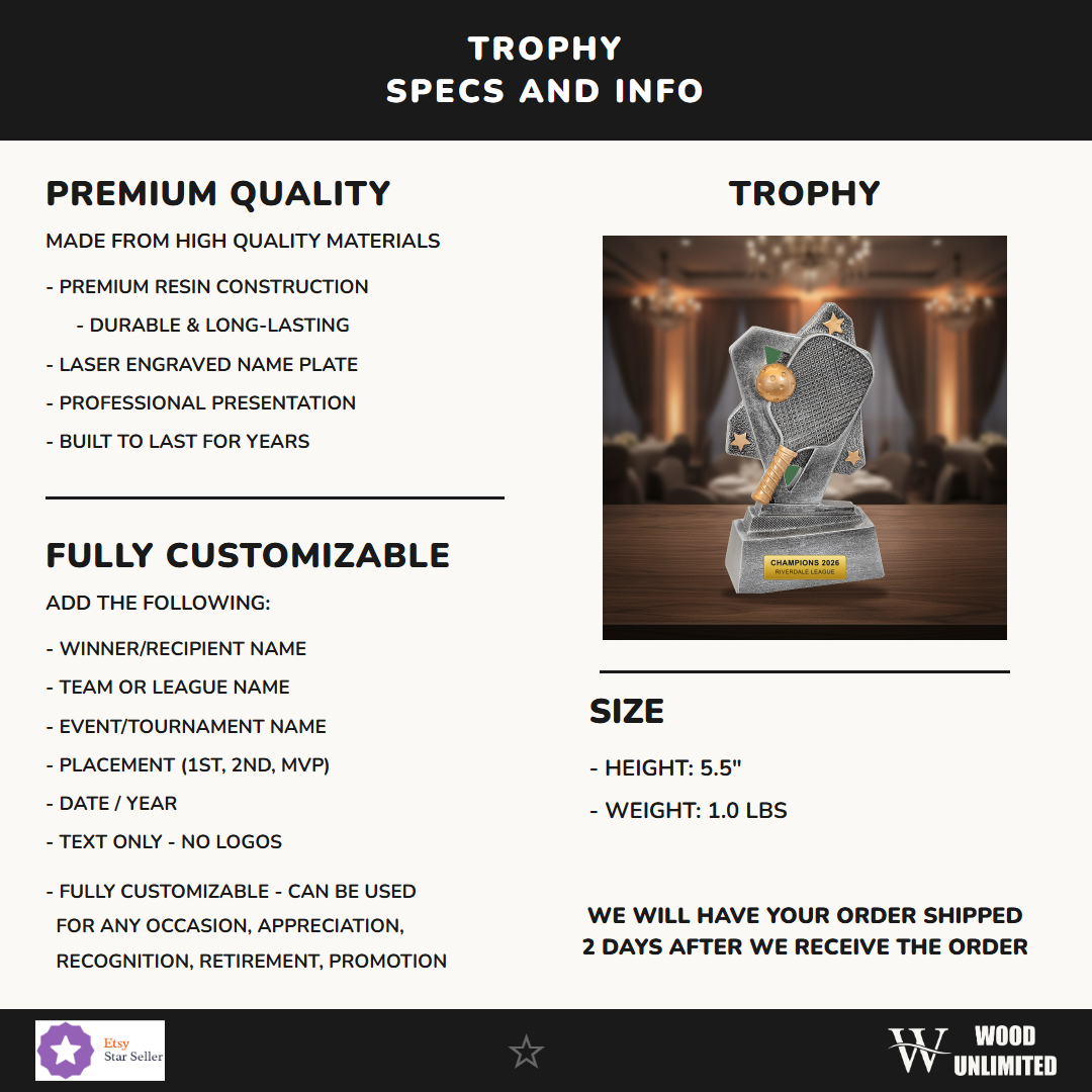 Specifications for the personalized Pickleball Triumph Resin Award resin award — materials, engraving, and features