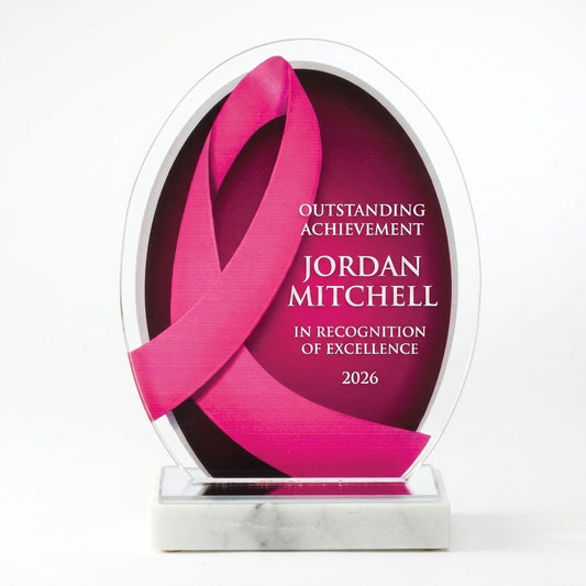 Personalized Pink Ribbon acrylic award, custom laser engraved recognition award on a clean white studio background