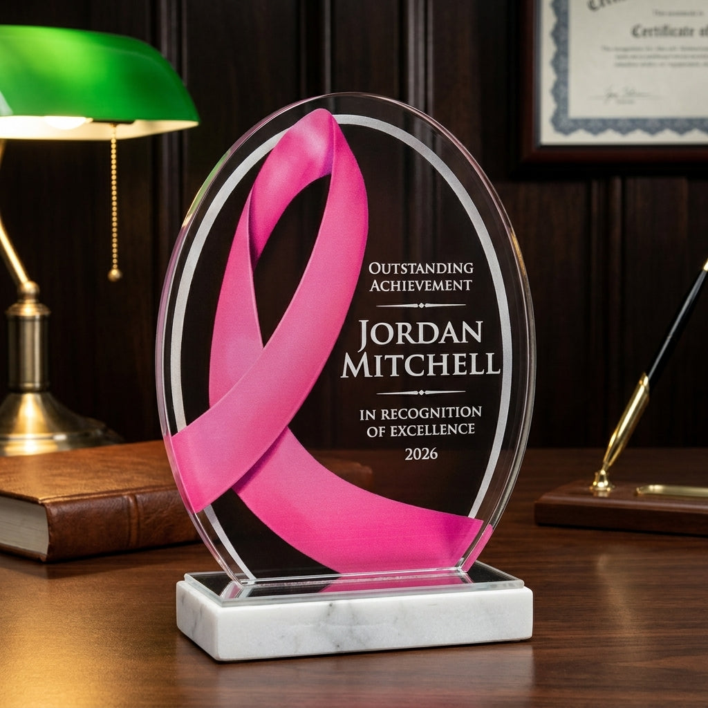 Personalized Pink Ribbon acrylic award on a warm executive desk with a green banker's lamp, engraved corporate recognition and retirement gift
