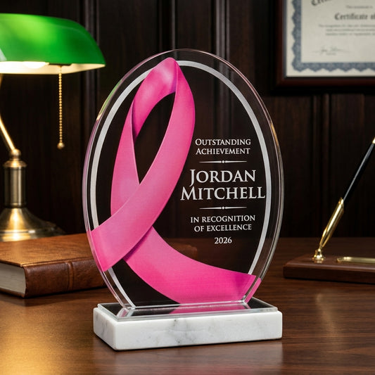Personalized Pink Ribbon acrylic award on a warm executive desk with a green banker's lamp, engraved corporate recognition and retirement gift
