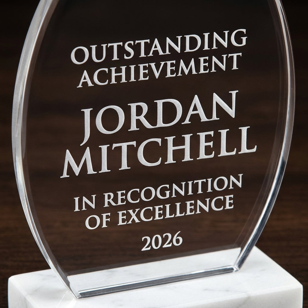 Close-up of the custom laser engraving on a personalized Pink Ribbon acrylic award, showing crisp permanent personalization