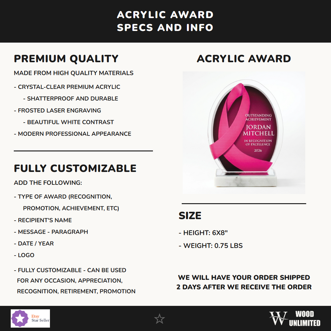 Specifications for the personalized Pink Ribbon acrylic award — materials, engraving, and features