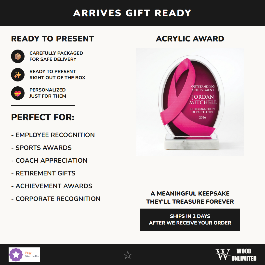 Gift-ready personalized Pink Ribbon acrylic award, perfect for ceremonies, retirements, and corporate recognition