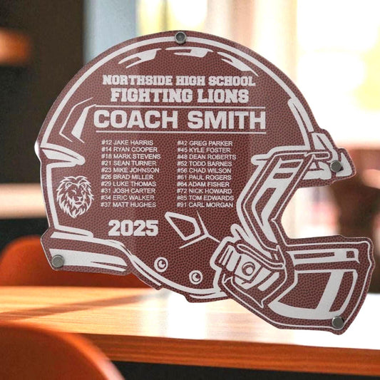 Personalized football coach helmet plaque - custom 3D layered football award with team name, coach name and roster laser engraved - view 1