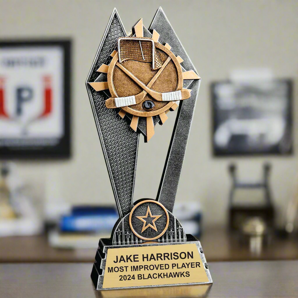 Individually Boxed Hockey Sun Ray Trophy - Elegant Silver and Gold Hockey Recognition Award with Personalization