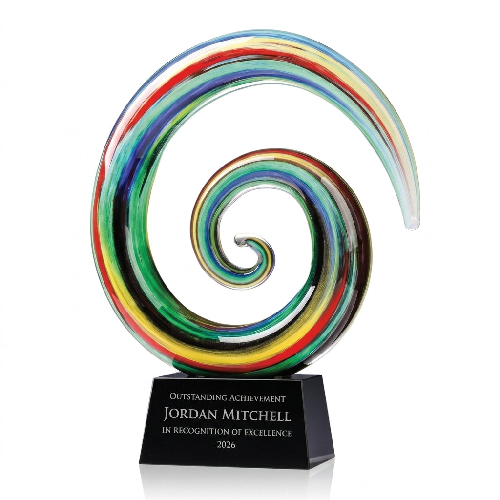 Personalized Ram Horn Swirl Large art glass award, custom laser engraved recognition award on a clean white studio background