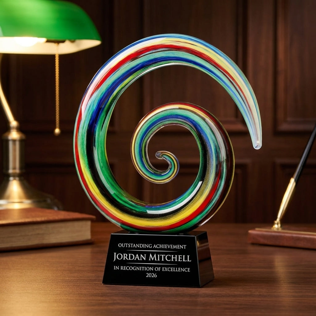 Personalized Ram Horn Swirl Large art glass award on a warm executive desk with a green banker's lamp, engraved corporate recognition and retirement gift