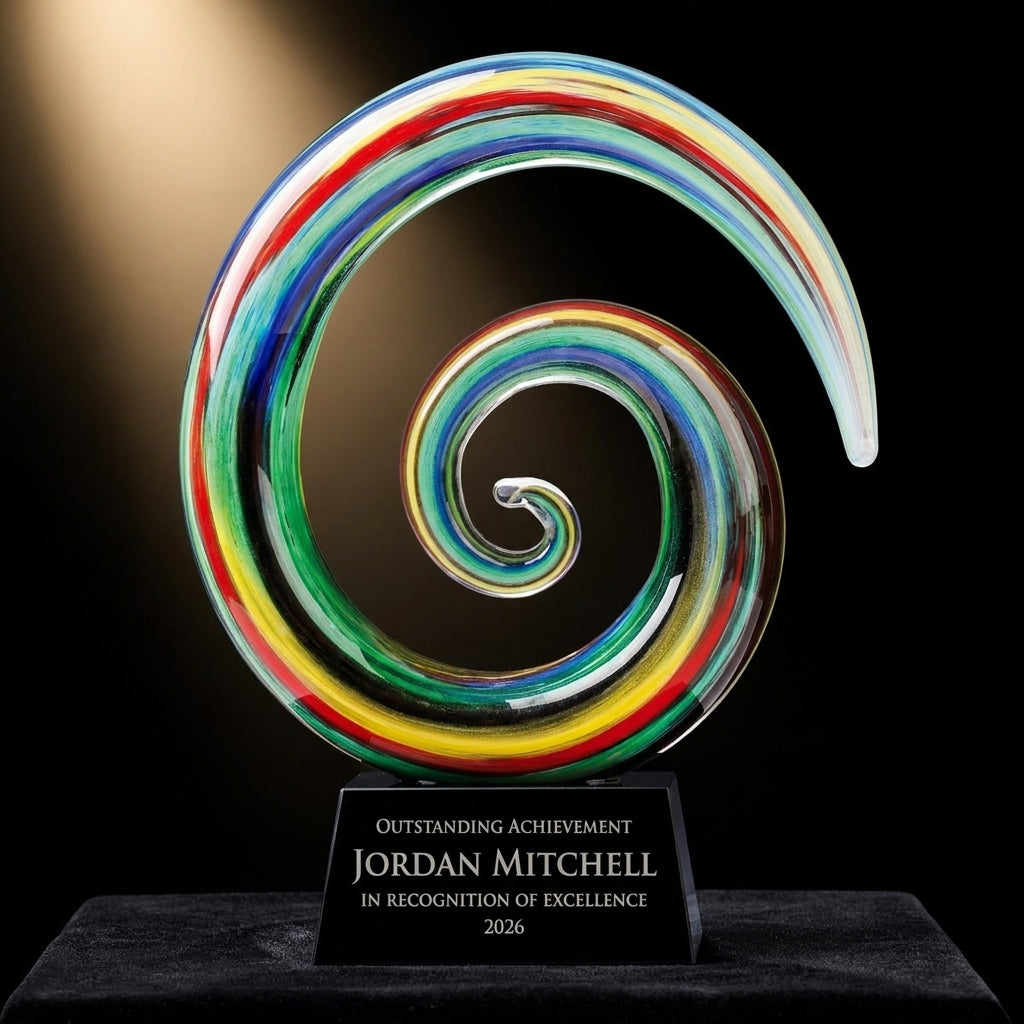 Personalized Ram Horn Swirl Large art glass award on black velvet under awards-ceremony spotlight, engraved champion and lifetime achievement award