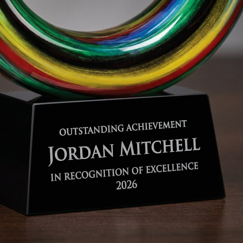 Close-up of the custom laser engraving on a personalized Ram Horn Swirl Large art glass award, showing crisp permanent personalization