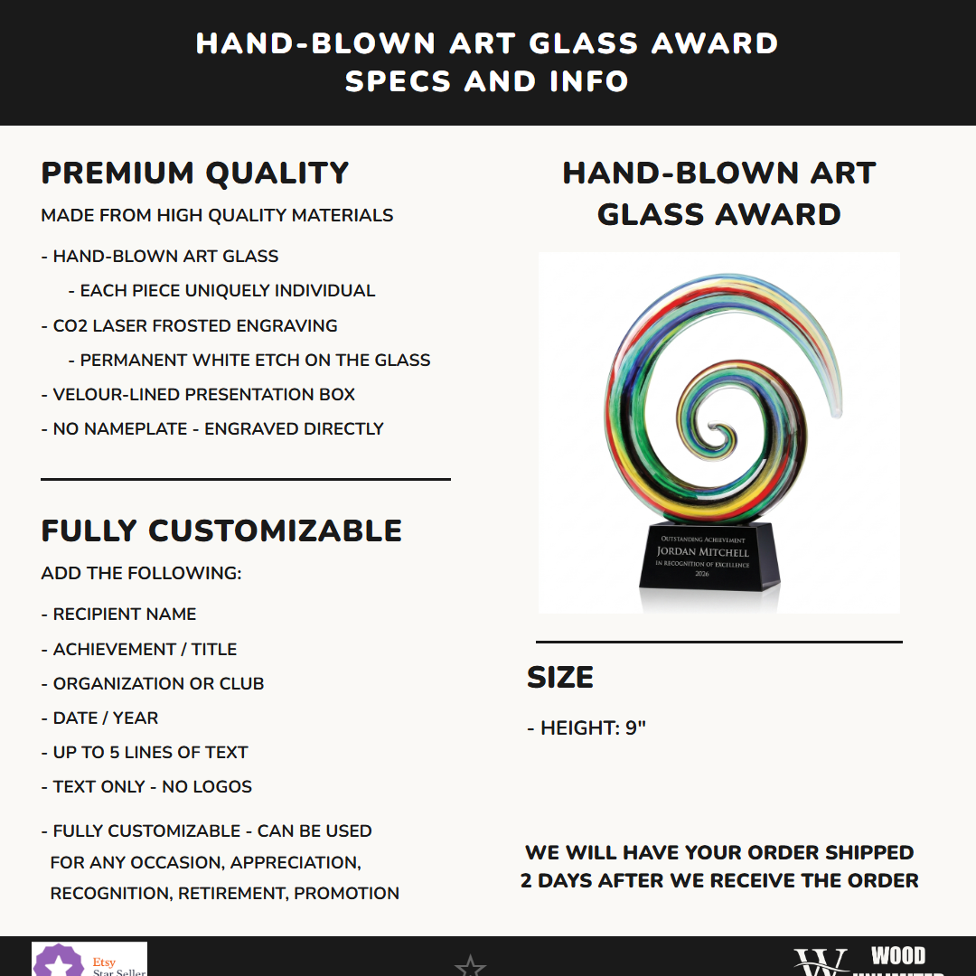 Specifications for the personalized Ram Horn Swirl Large art glass award — materials, engraving, and features
