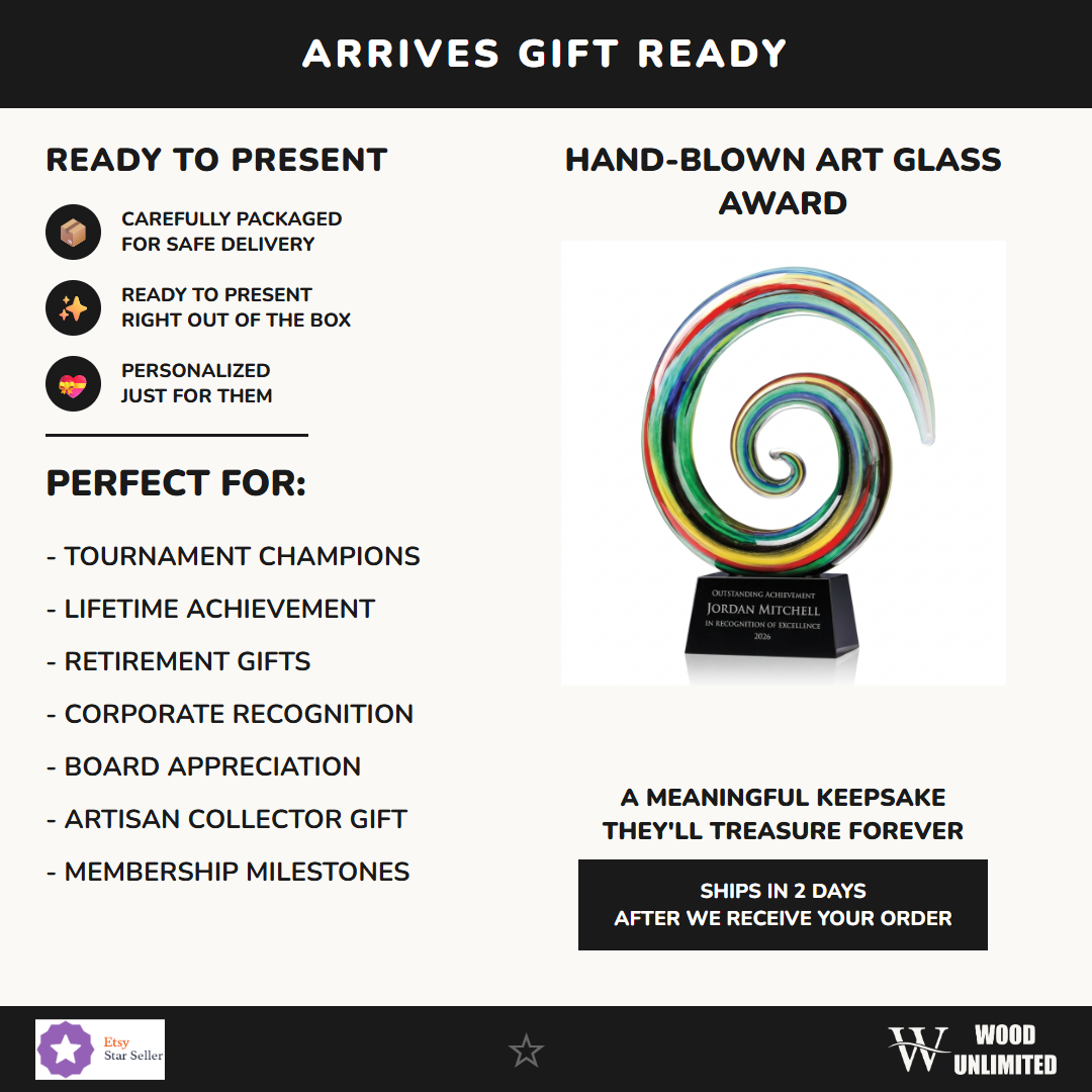 Gift-ready personalized Ram Horn Swirl Large art glass award, perfect for ceremonies, retirements, and corporate recognition
