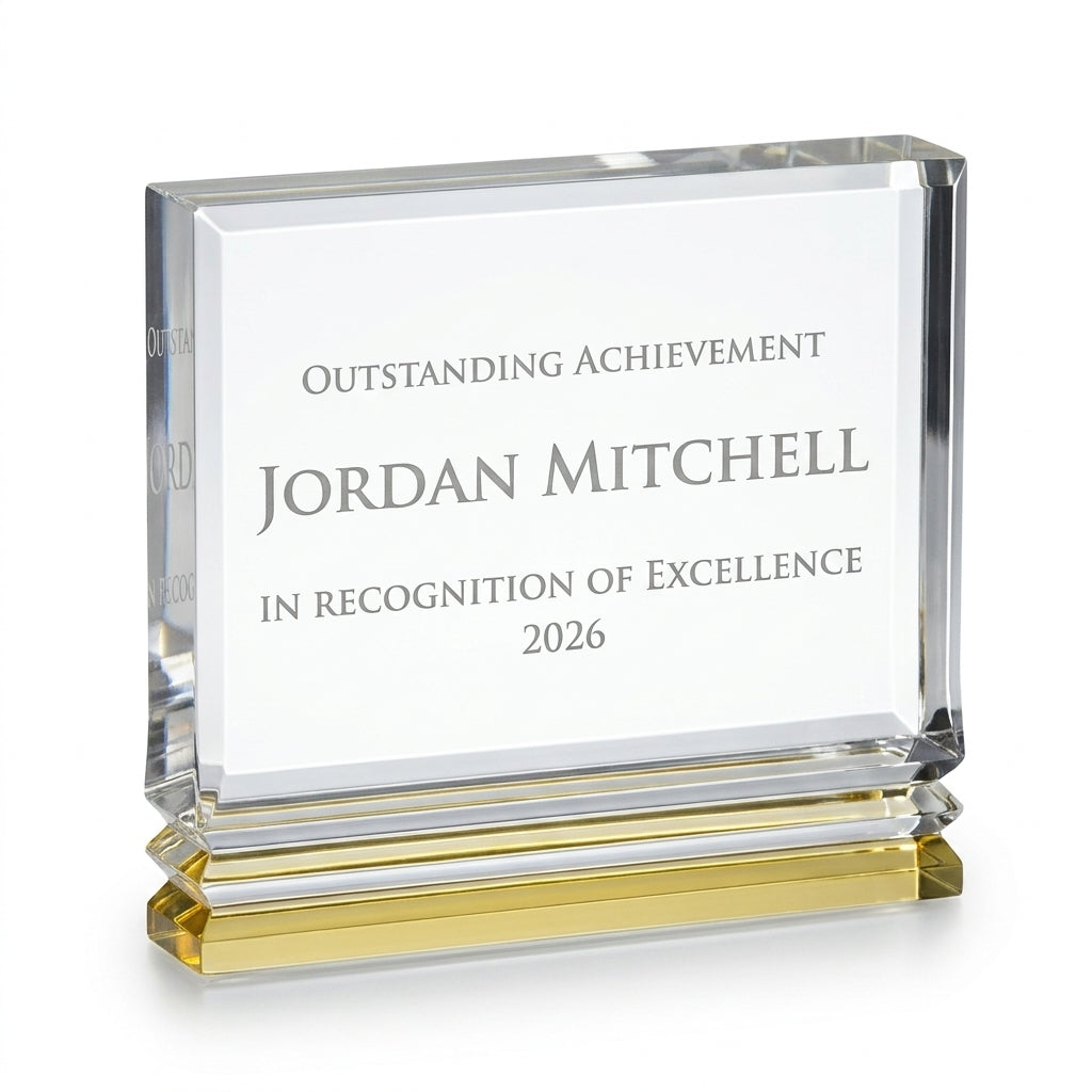 Personalized Gold Ribbed Rectangle acrylic award, custom laser engraved recognition award on a clean white studio background