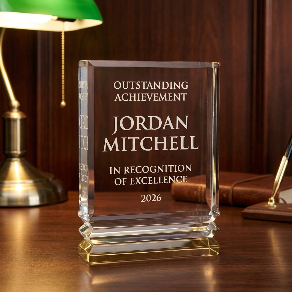 Personalized Gold Ribbed Rectangle acrylic award on a warm executive desk with a green banker's lamp, engraved corporate recognition and retirement gift