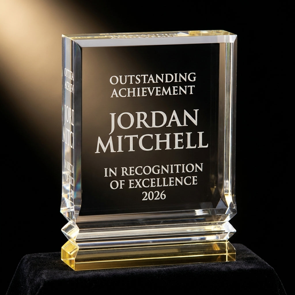 Personalized Gold Ribbed Rectangle acrylic award on black velvet under awards-ceremony spotlight, engraved champion and lifetime achievement award