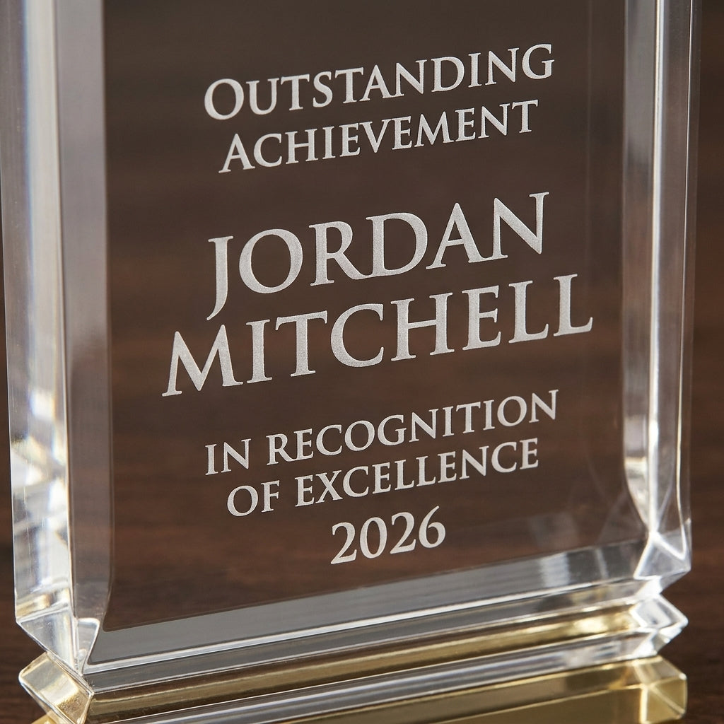 Close-up of the custom laser engraving on a personalized Gold Ribbed Rectangle acrylic award, showing crisp permanent personalization