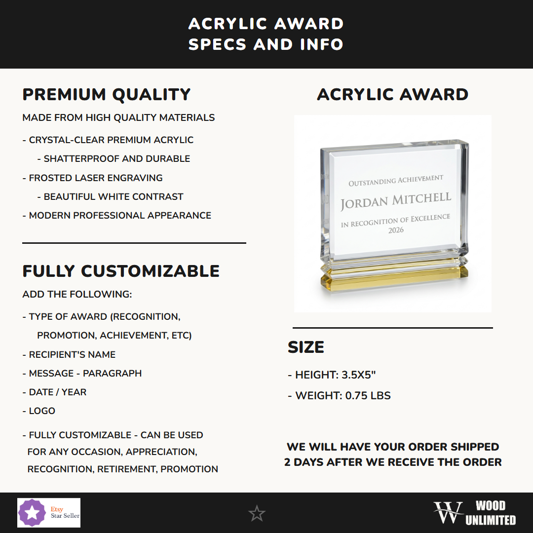 Specifications for the personalized Gold Ribbed Rectangle acrylic award — materials, engraving, and features