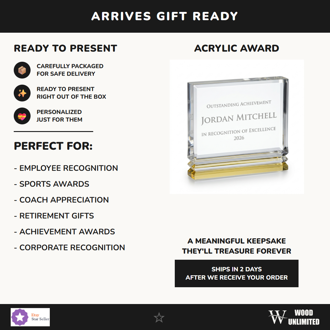 Gift-ready personalized Gold Ribbed Rectangle acrylic award, perfect for ceremonies, retirements, and corporate recognition