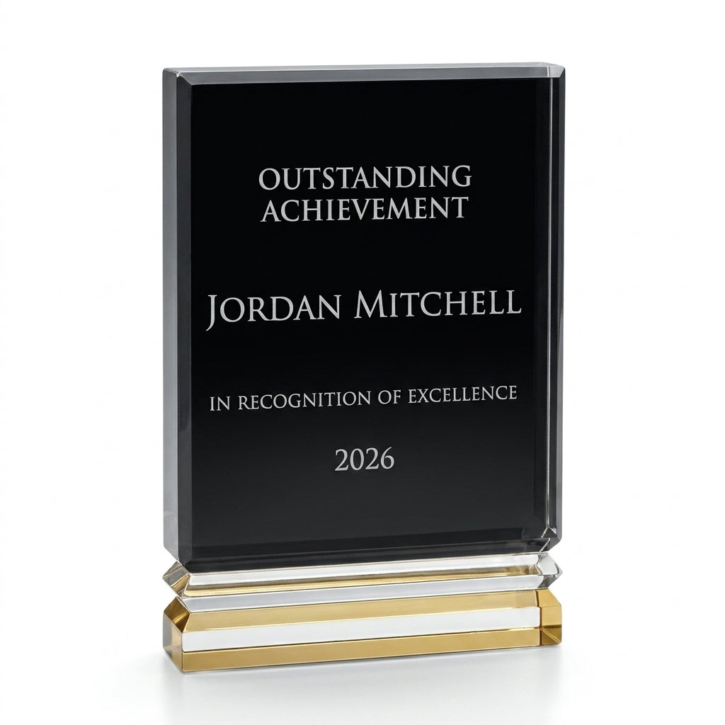 Personalized Gold Ribbed Rectangle 5x7 acrylic award, custom laser engraved recognition award on a clean white studio background