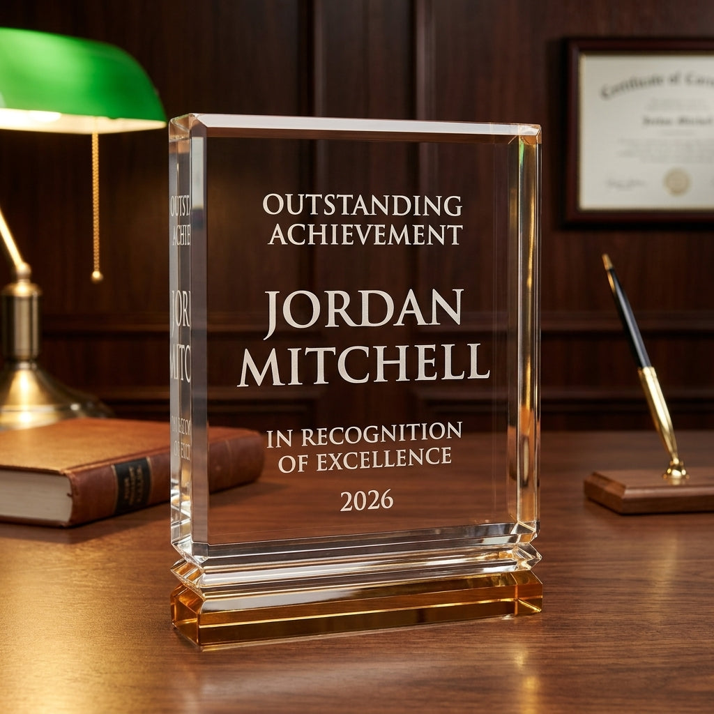 Personalized Gold Ribbed Rectangle 5x7 acrylic award on a warm executive desk with a green banker's lamp, engraved corporate recognition and retirement gift