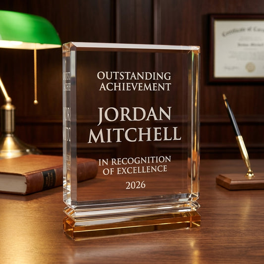 Personalized Gold Ribbed Rectangle 5x7 acrylic award on a warm executive desk with a green banker's lamp, engraved corporate recognition and retirement gift