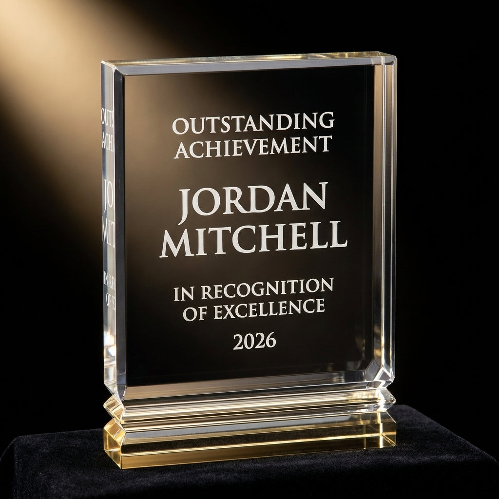 Personalized Gold Ribbed Rectangle 5x7 acrylic award on black velvet under awards-ceremony spotlight, engraved champion and lifetime achievement award