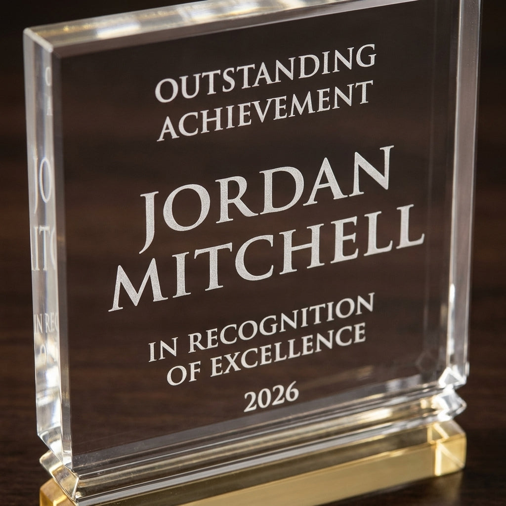 Close-up of the custom laser engraving on a personalized Gold Ribbed Rectangle 5x7 acrylic award, showing crisp permanent personalization